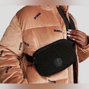 VS Pink Fluffy Sherpa Fleece Logo Belt Bag Black NWT